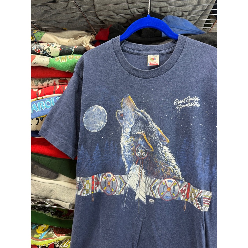 Vintage Great Smoky Mountains Wolf Moon T-Shirt Navy Blue 90s Single Stitch M